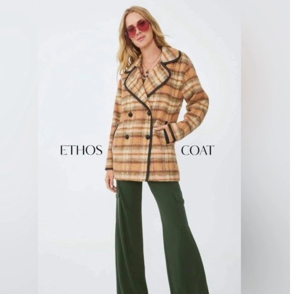 Cabi Ethos Coat Peach Plaid Faux Leather Trim‎ Peacoat Small Petite